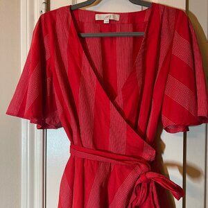 Women's LOFT Red Wrap Top - Tie Waist - Flutter Sleeve - Peplum Hem - Size Small